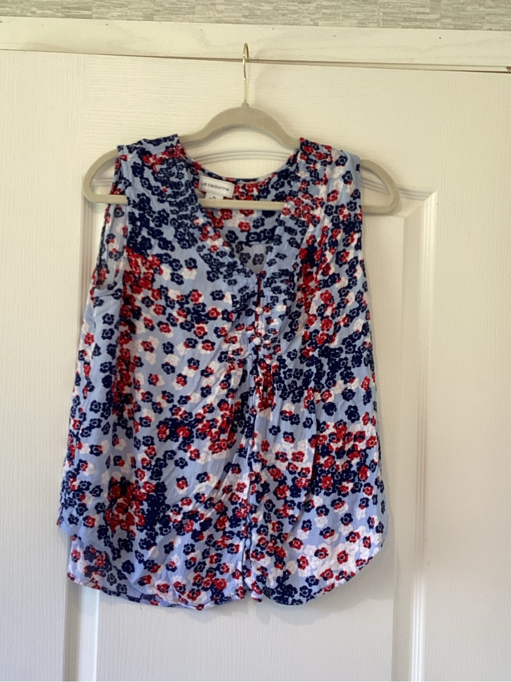 Liz Claiborne Sleeveless Floral Blouse in White with Red & Navy XL EUC